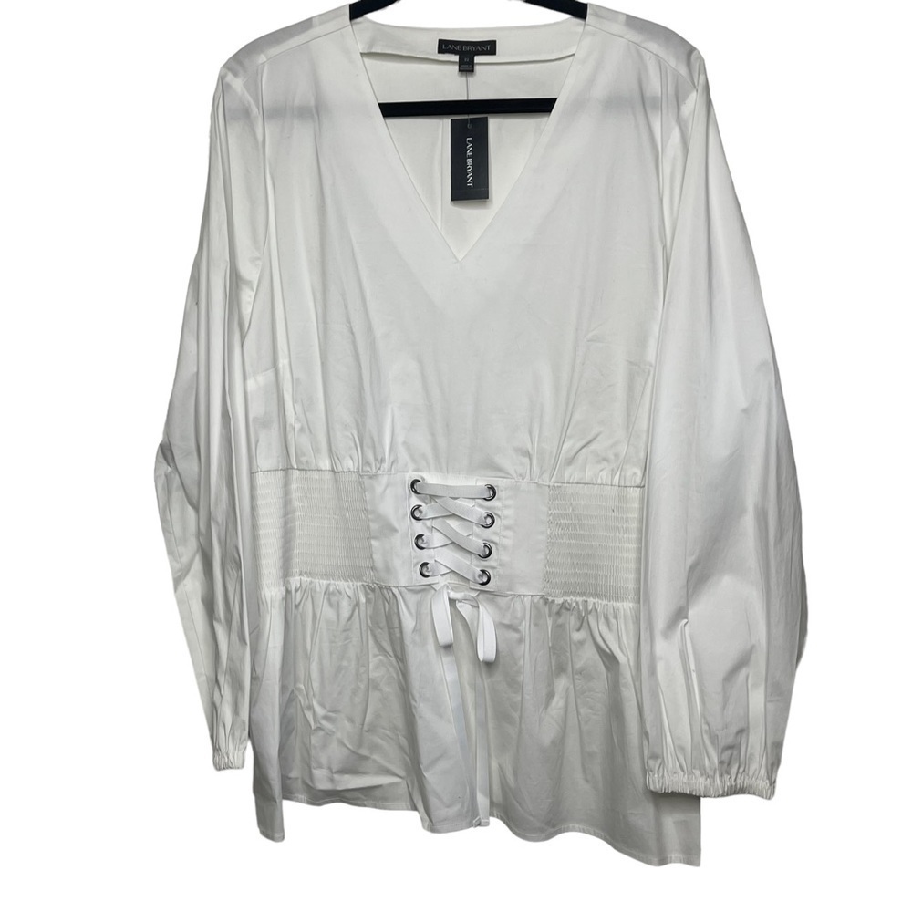 Lane Bryant Size 22 White Cotton Blouse with Corset Tie Waist NWT - Picture 3 of 8